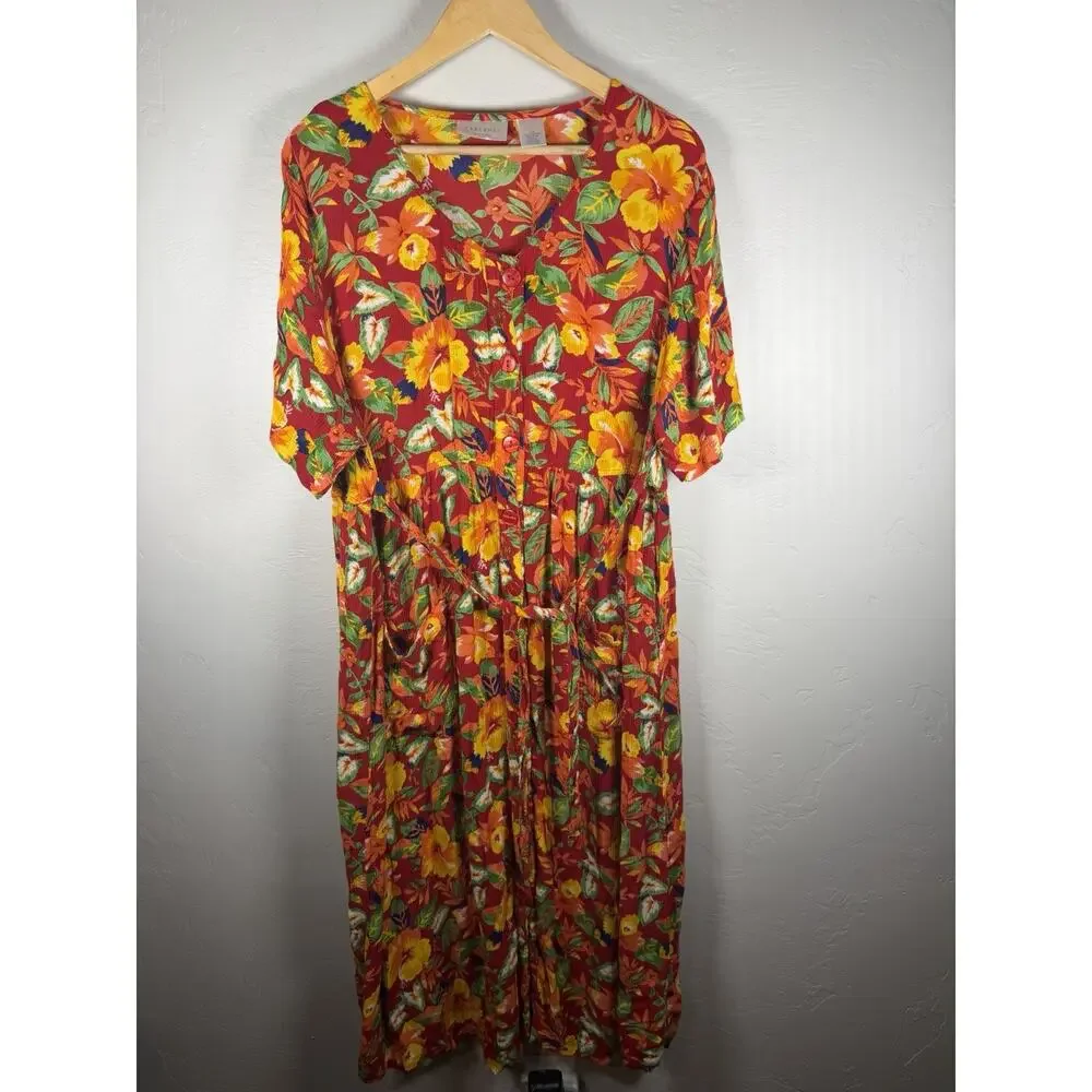 Women’s Cabernet Vibrant Summer Floral Size 1X Button Blouse BeltTie Maxi Dress - Picture 6 of 11
